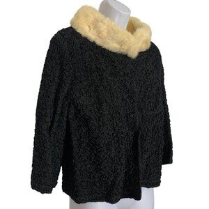 VTG Saks Fifth Avenue Black Boucle Jacket Cream Fur Collar Womens Size S/M